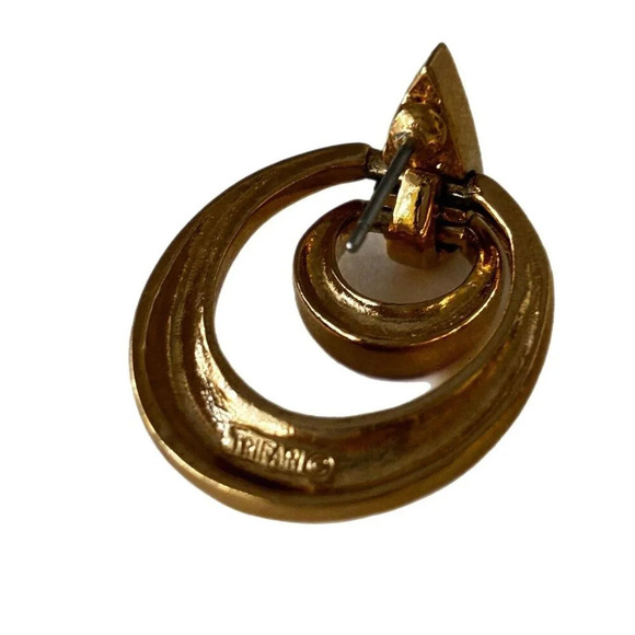 Crown Trifari Door Knocker Earrings Gold Tone Pierced Double Drops Vintage - Picture 5 of 6